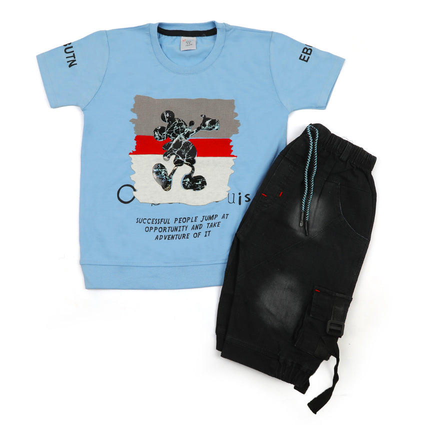 Boys Half Sleeves Denim Short Suit - Sky Blue
