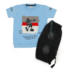 Boys Half Sleeves Denim Short Suit - Sky Blue