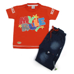 Boys Half Sleeves Denim Short Suit - Orange
