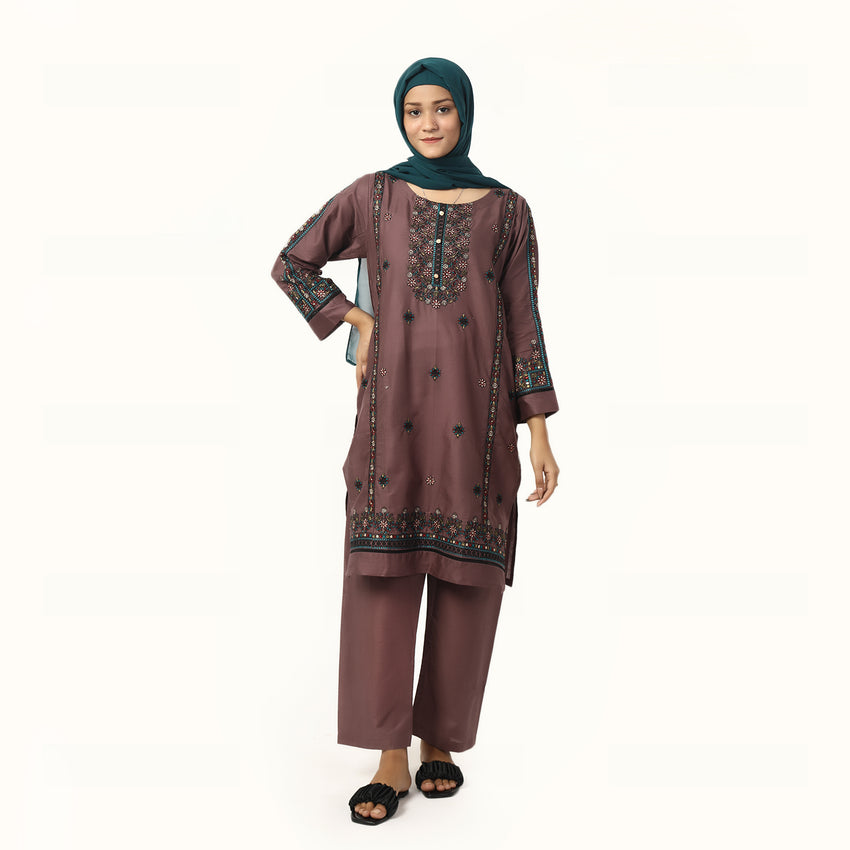 Women's Cotton Embroidered 2Pcs Suit - Purple