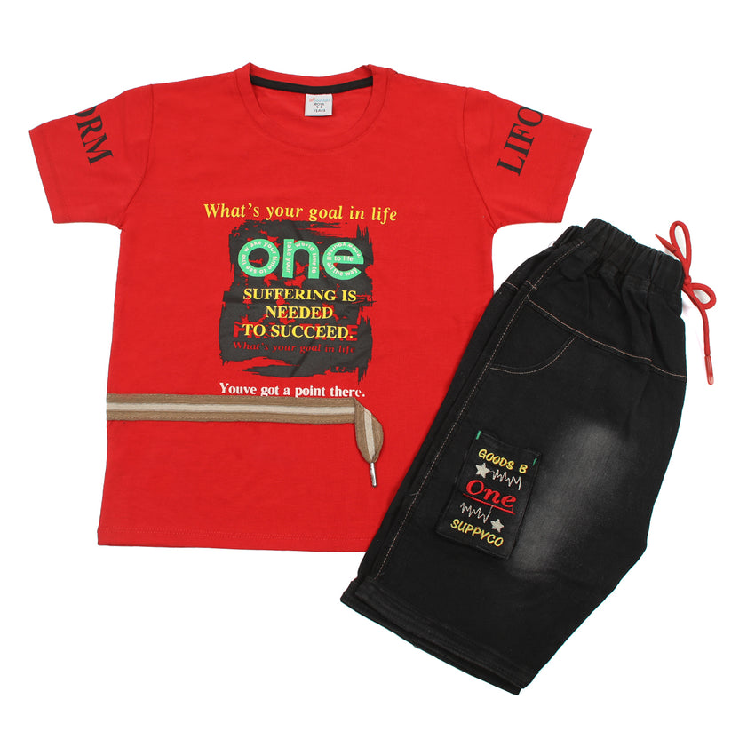 Boys Half Sleeves Denim Short Suit - Red