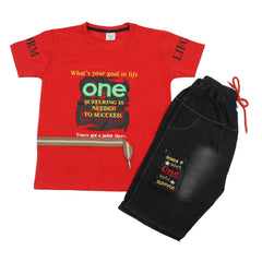 Boys Half Sleeves Denim Short Suit - Red