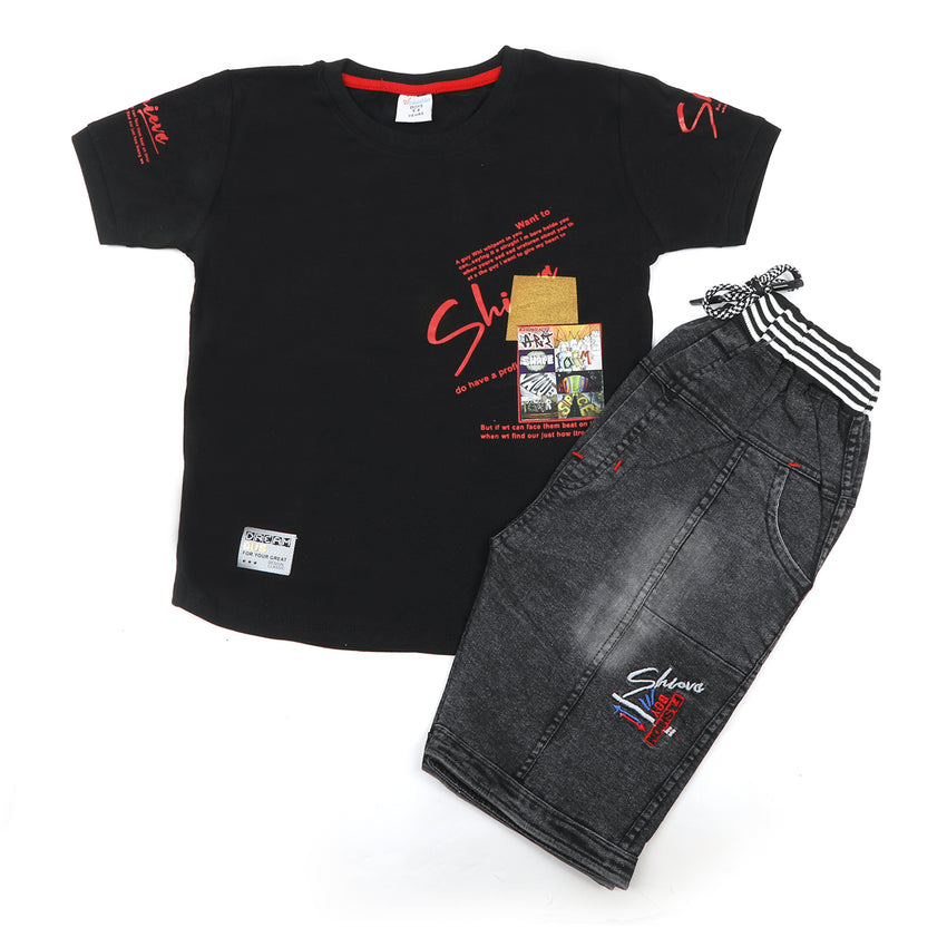 Boys Half Sleeves Denim Short Suit - Black