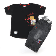 Boys Half Sleeves Denim Short Suit - Black