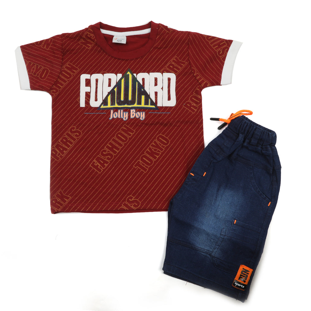 Boys Half Sleeves Denim Short Suit - Maroon, Boys Sets & Suits, Chase Value, Chase Value