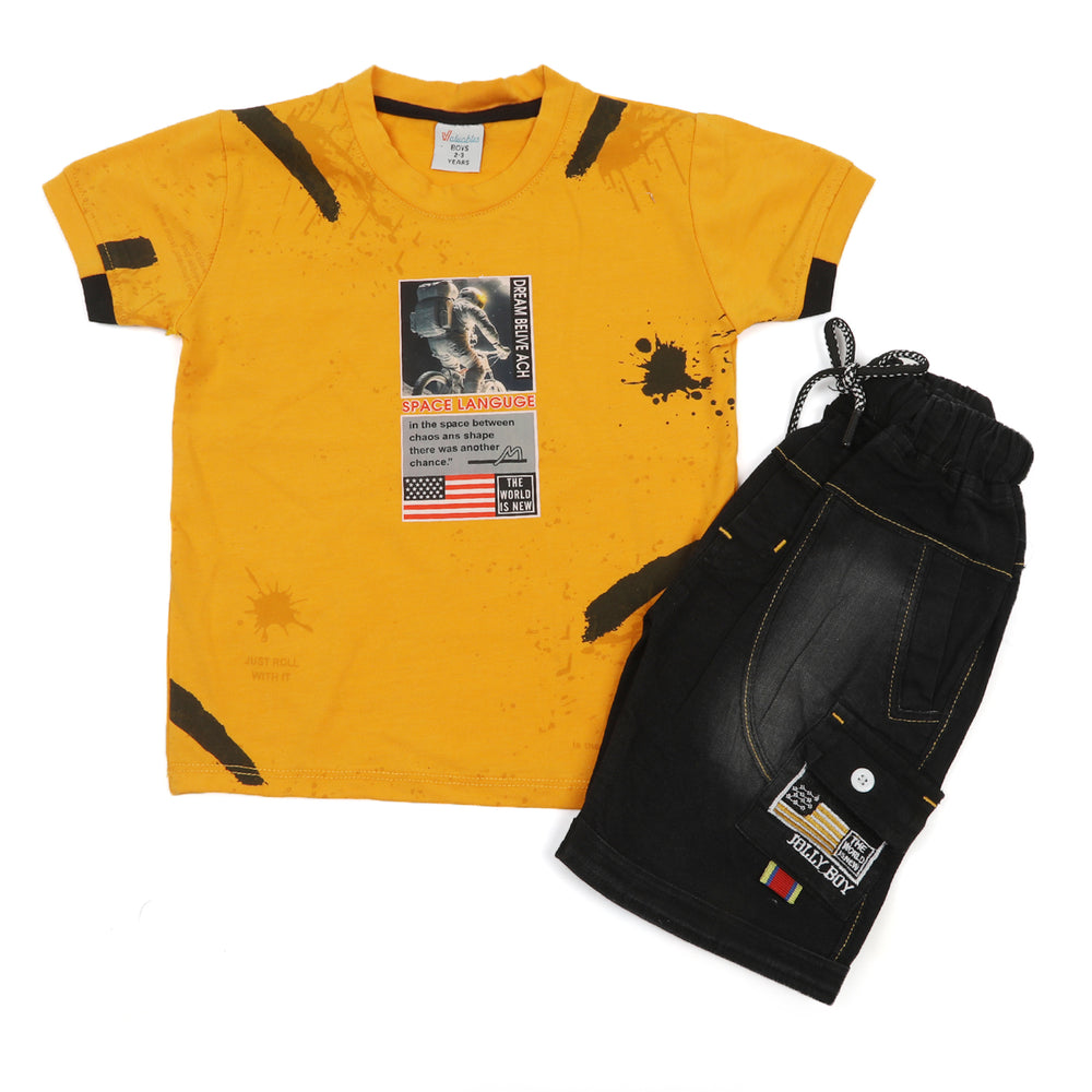 Boys Half Sleeves Denim Short Suit - Yellow, Boys Sets & Suits, Chase Value, Chase Value