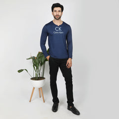 Men's Full Sleeves Round Neck Lycra Printed T-Shirt - Navy Blue