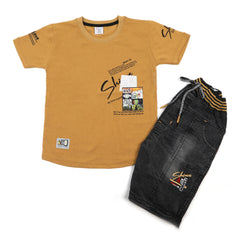 Boys Half Sleeves Denim Short Suit - Brown