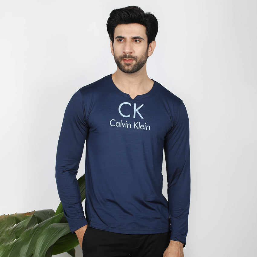 Men's Full Sleeves Round Neck Lycra Printed T-Shirt - Navy Blue