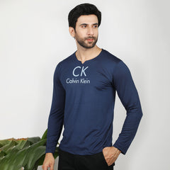 Men's Full Sleeves Round Neck Lycra Printed T-Shirt - Navy Blue