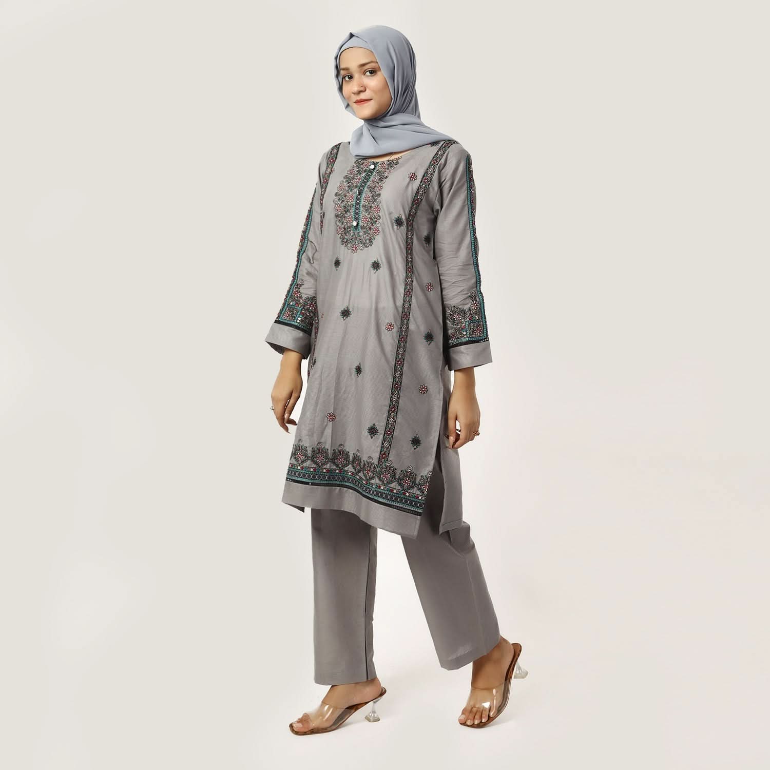 Women's Cotton Embroidered 2Pcs Suit - Grey, Women Shalwar Suits, Chase Value, Chase Value