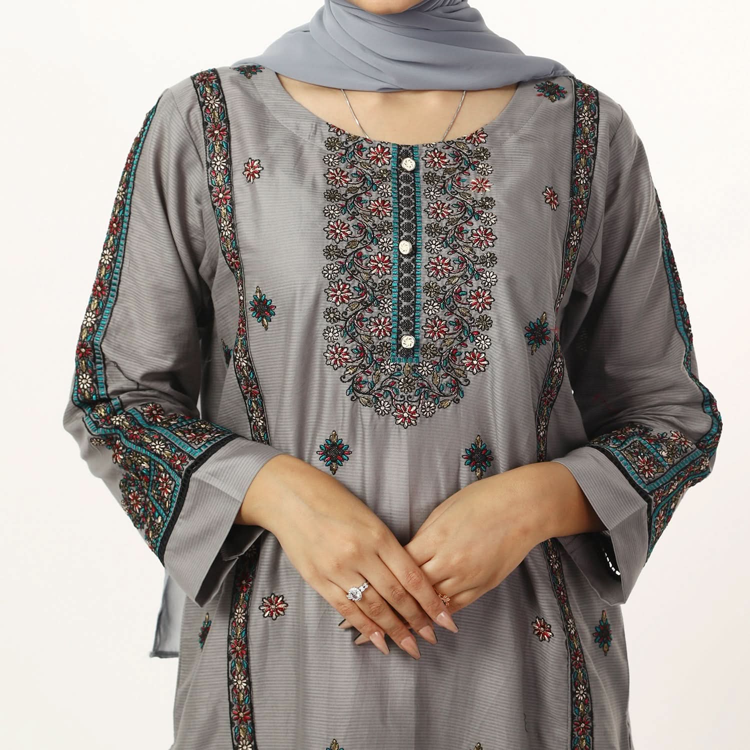 Women's Cotton Embroidered 2Pcs Suit - Grey, Women Shalwar Suits, Chase Value, Chase Value