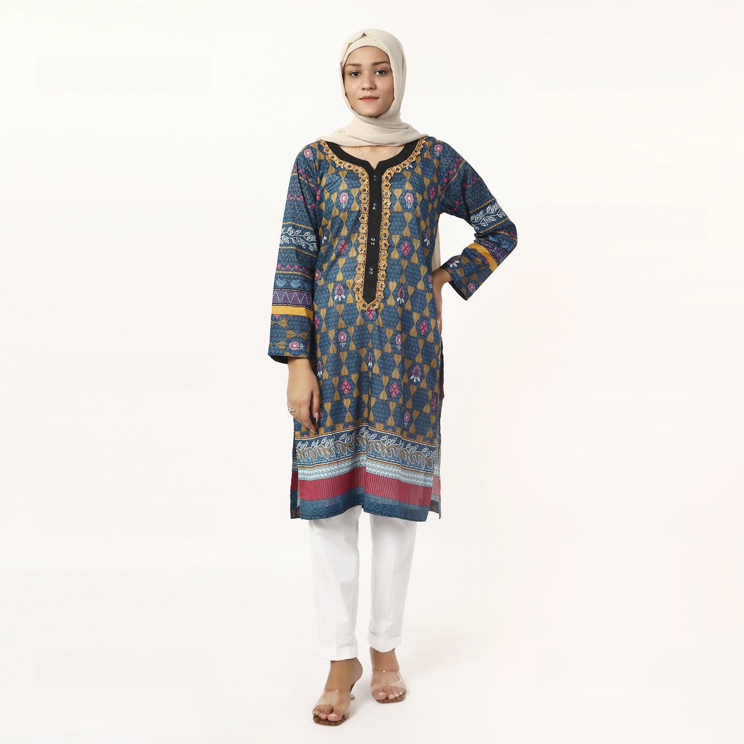Women's Printed Lawn Kurti - Blue, Women Ready Kurtis, Chase Value, Chase Value
