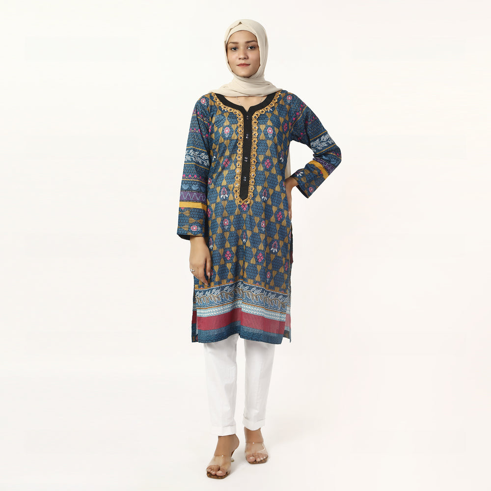 Women's Printed Lawn Kurti - Blue, Women Ready Kurtis, Chase Value, Chase Value