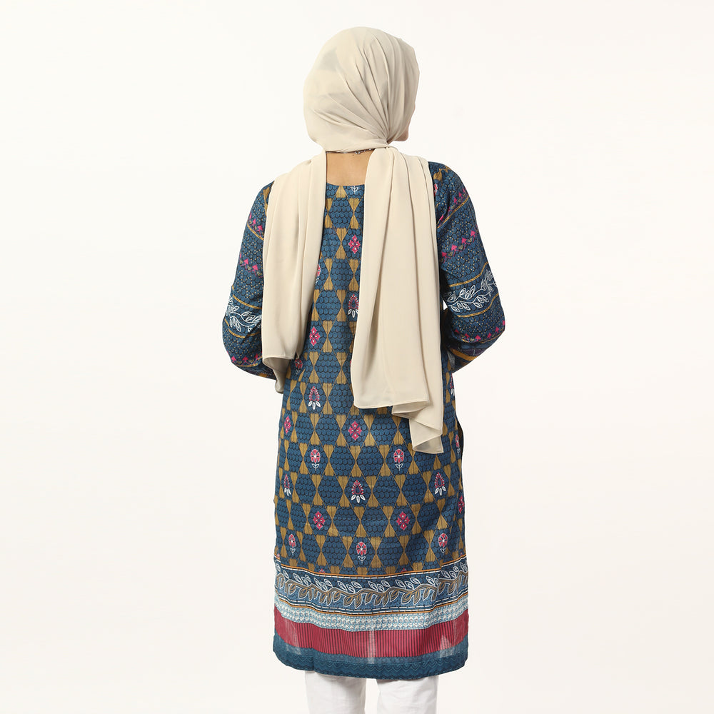 Women's Printed Lawn Kurti - Blue, Women Ready Kurtis, Chase Value, Chase Value