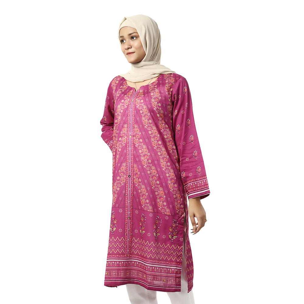 Women's Printed Lawn Kurti - Pink, Women Ready Kurtis, Chase Value, Chase Value