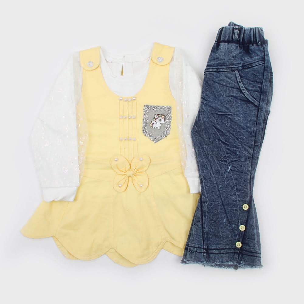 Girls Full Sleeves 3pcs Suit - Yellow, Girls Suits, Chase Value, Chase Value
