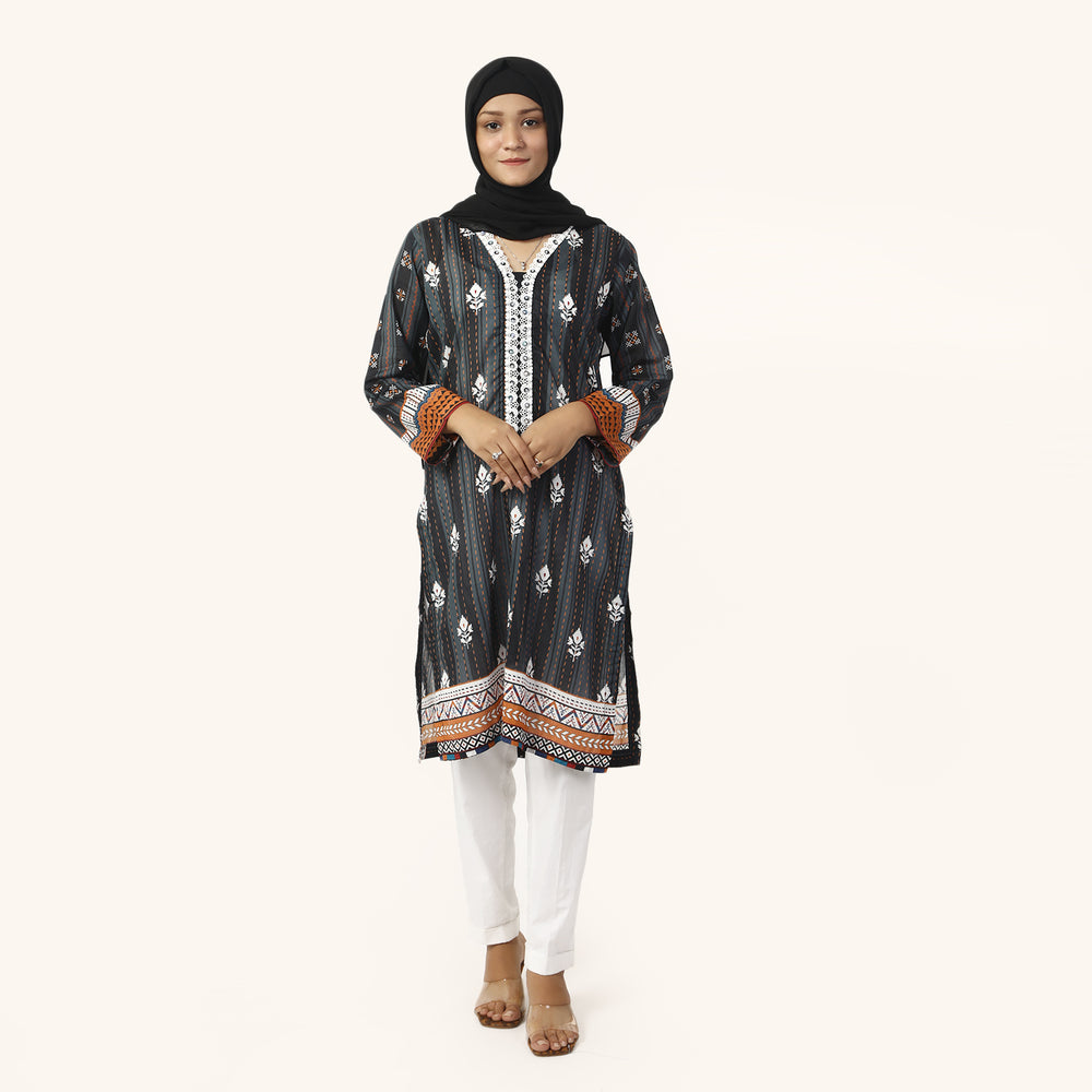 Women's Printed Lawn Kurti - Grey & Black, Women Ready Kurtis, Chase Value, Chase Value