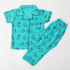 Girls Half Sleeves Night Suit - Sea Green