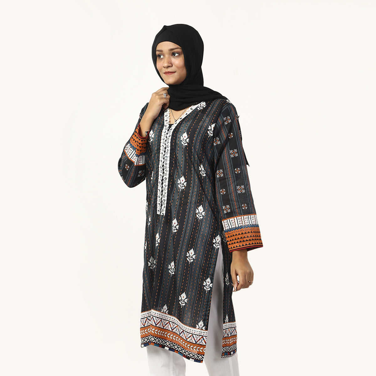Women's Printed Lawn Kurti - Grey & Black, Women Ready Kurtis, Chase Value, Chase Value