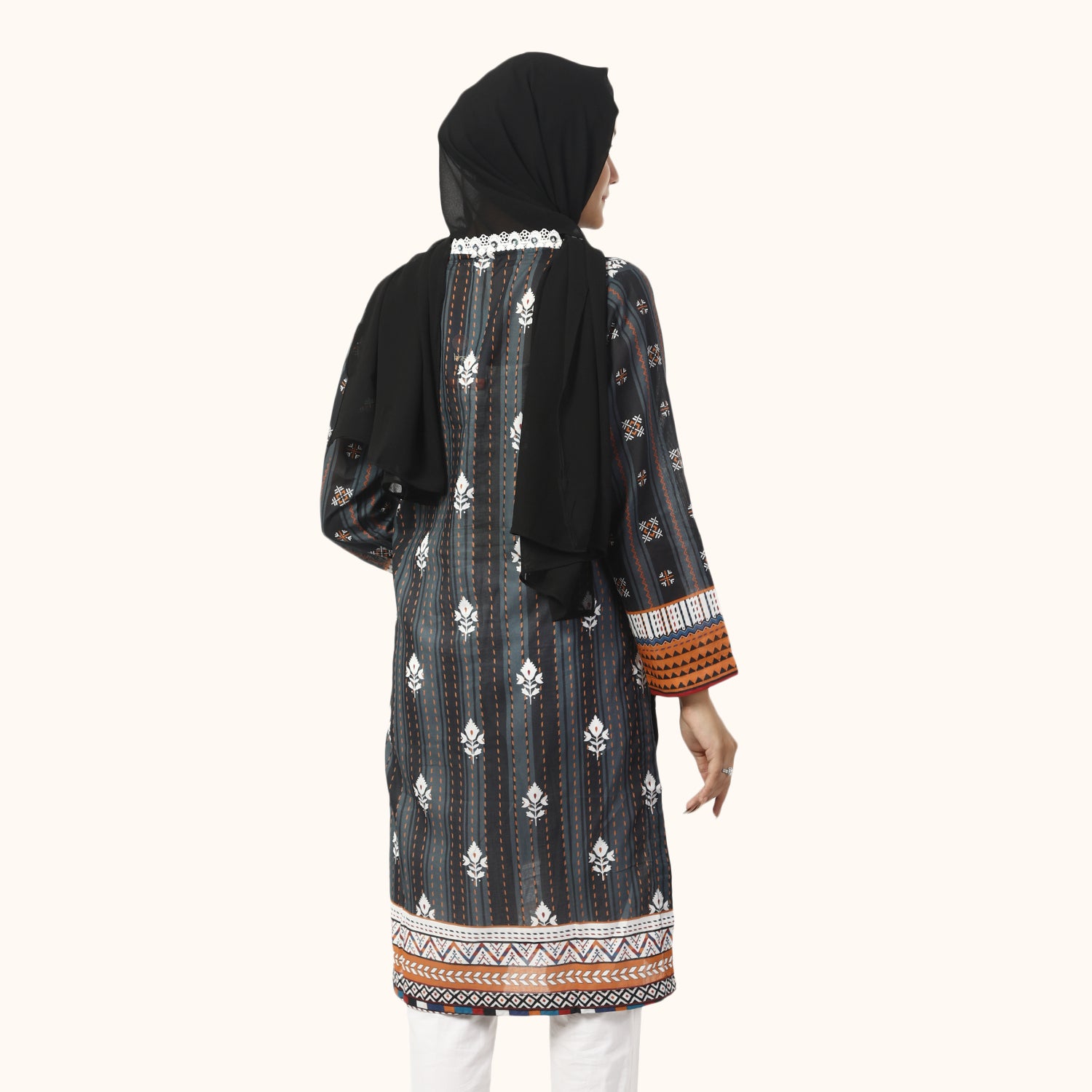 Women's Printed Lawn Kurti - Grey & Black, Women Ready Kurtis, Chase Value, Chase Value
