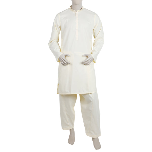 Men's Embroidered Stitched Shalwar Suit - Cream