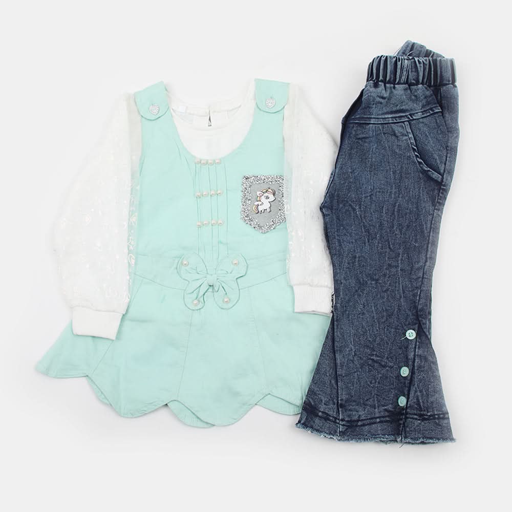 Girls Full Sleeves 3pcs Suit - Cyan, Girls Suits, Chase Value, Chase Value
