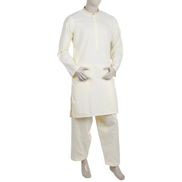 Men's Embroidered Stitched Shalwar Suit - Cream