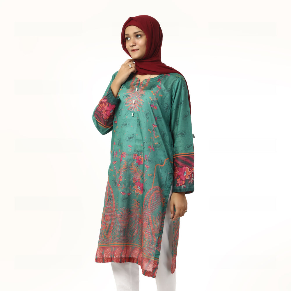 Women's Printed Lawn Kurti - Green, Women Ready Kurtis, Chase Value, Chase Value