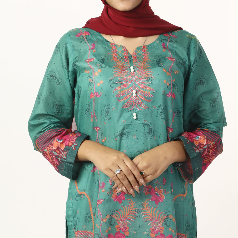 Women's Printed Lawn Kurti - Green, Women Ready Kurtis, Chase Value, Chase Value