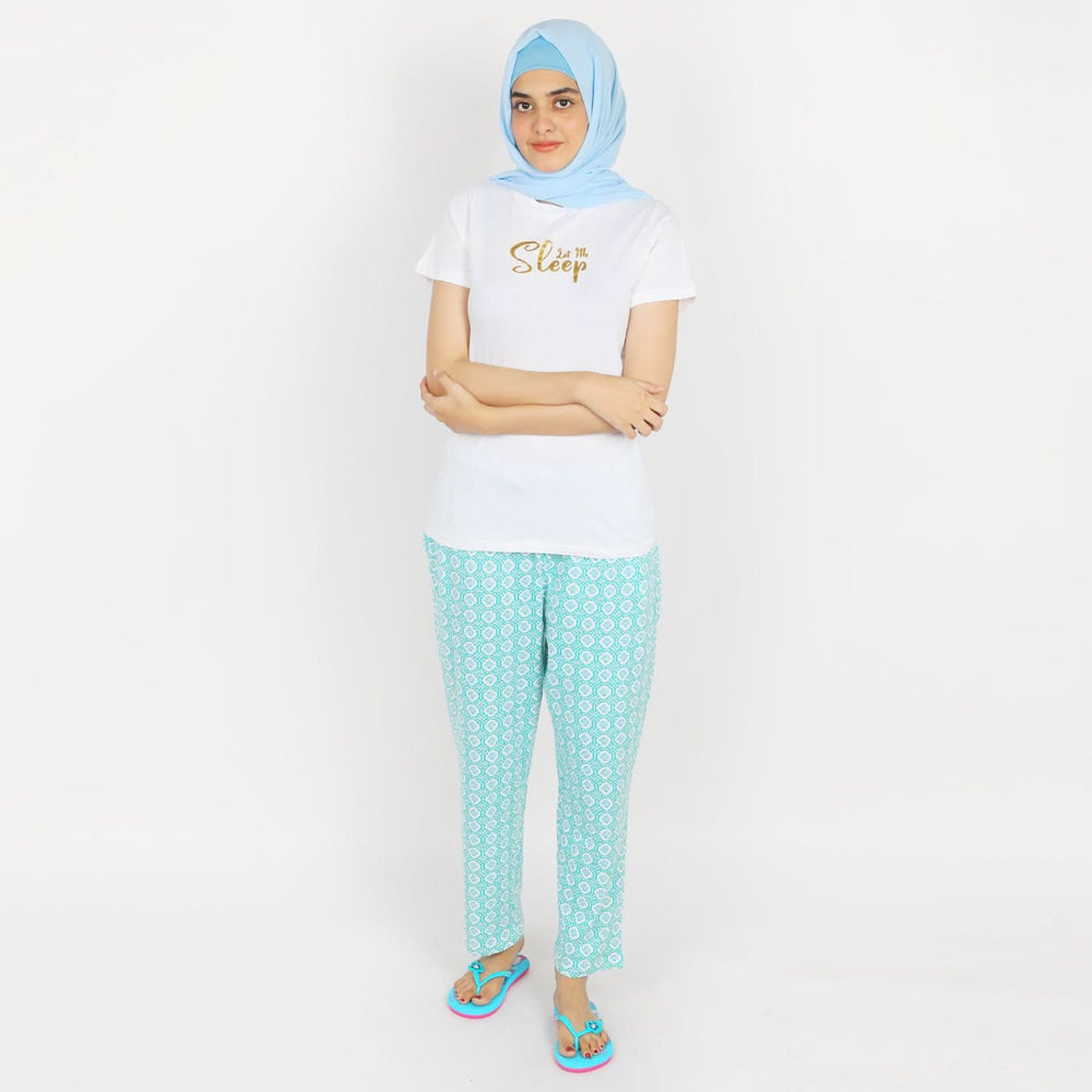 Women's Half Sleeves Knitted Sleep Set - White Green, Women Night Suit, Chase Value, Chase Value