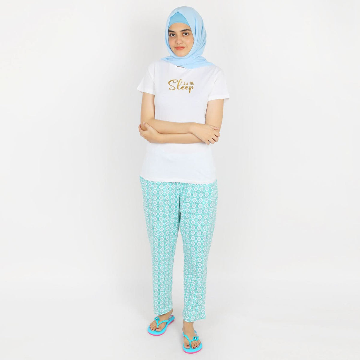 Women's Half Sleeves Knitted Sleep Set - White Green, Women Night Suit, Chase Value, Chase Value