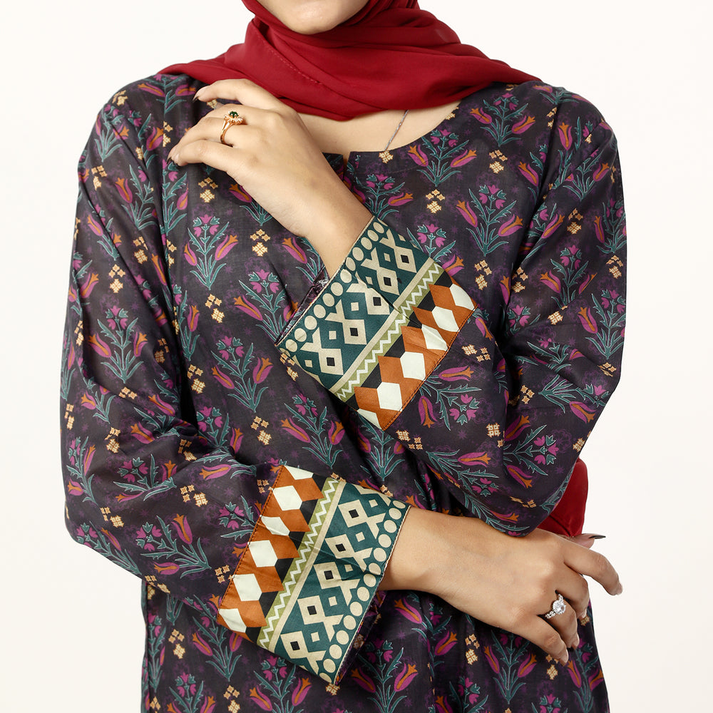 Women's Printed Lawn Kurti - Purple, Women Ready Kurtis, Chase Value, Chase Value