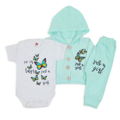 Newborn Girls Full Sleeves Romper with Hoodie Suit - Cyan