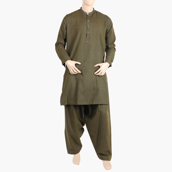 Eminent Men's Embroidered Kurta Shalwar Suit - Olive Green