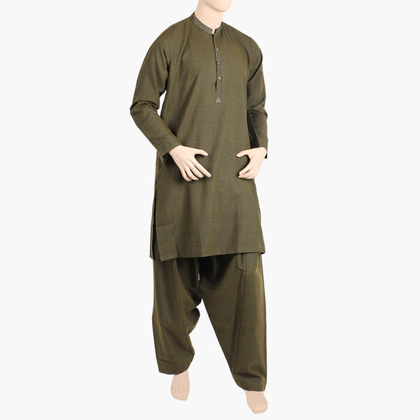 Eminent Men's Embroidered Kurta Shalwar Suit - Olive Green