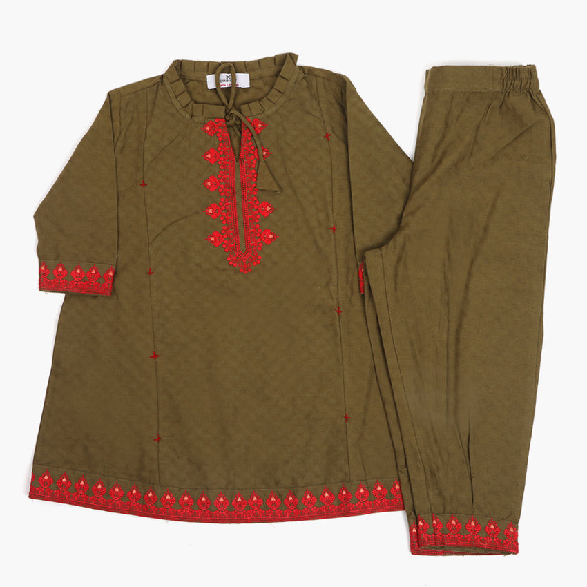 Eminent Girls Embroidered Shalwar Suit - Olive Green