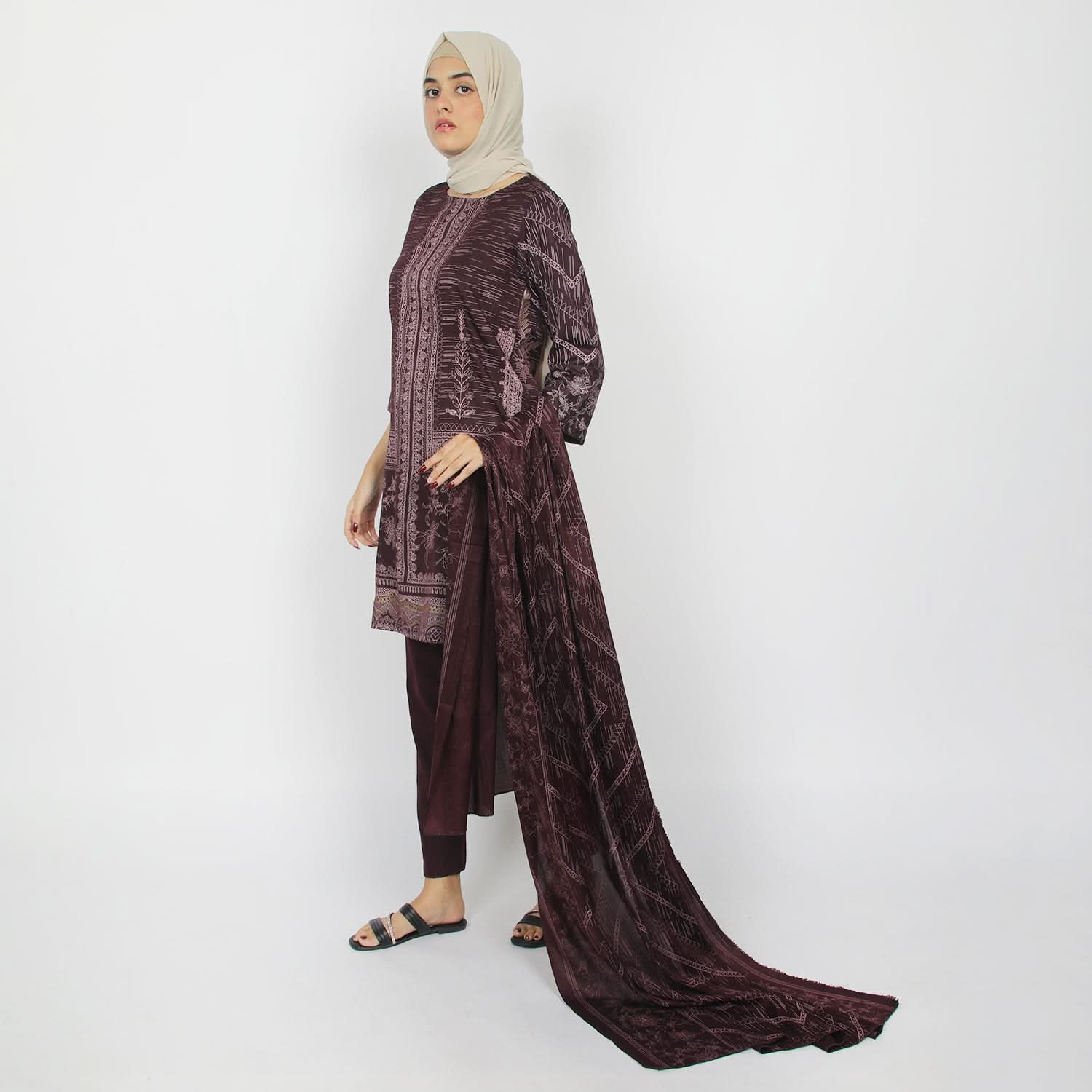 Women's Printed 3pcs Suit - Maroon, Women Shalwar Suits, Chase Value, Chase Value