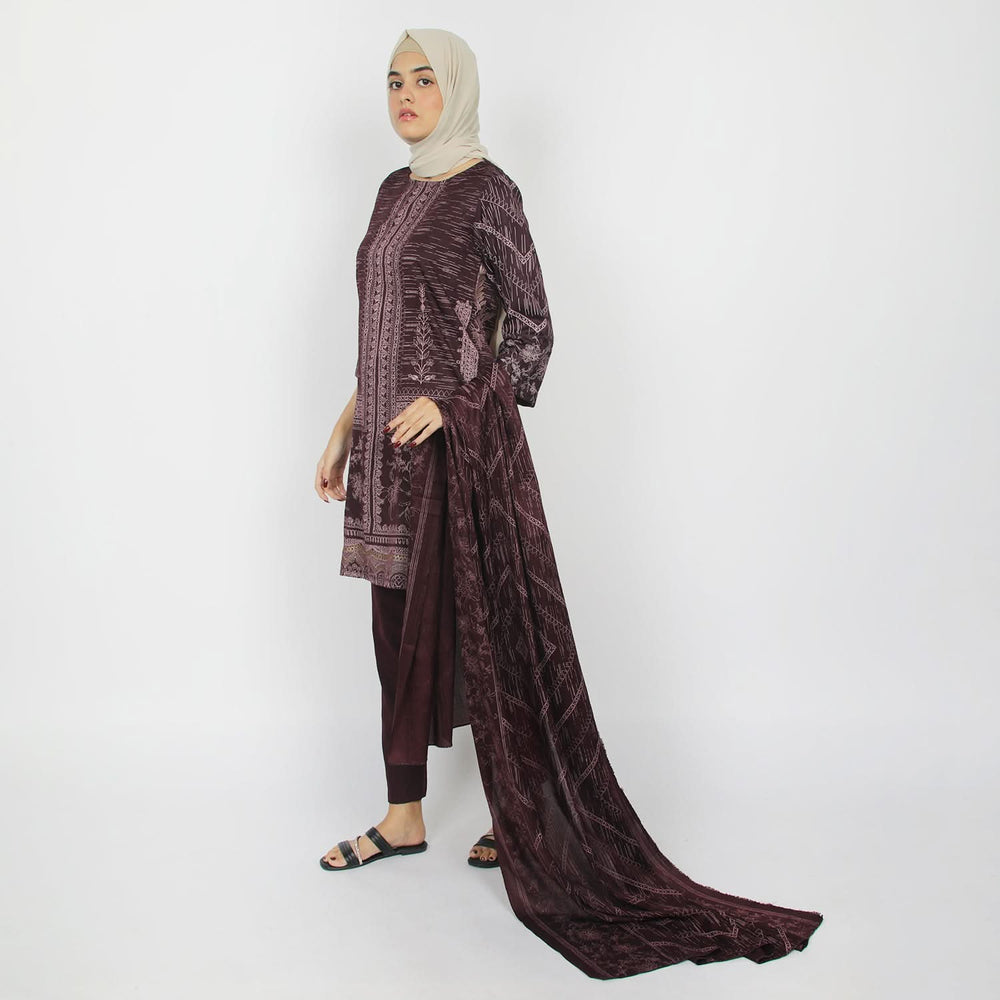 Women's Printed 3pcs Suit - Maroon, Women Shalwar Suits, Chase Value, Chase Value