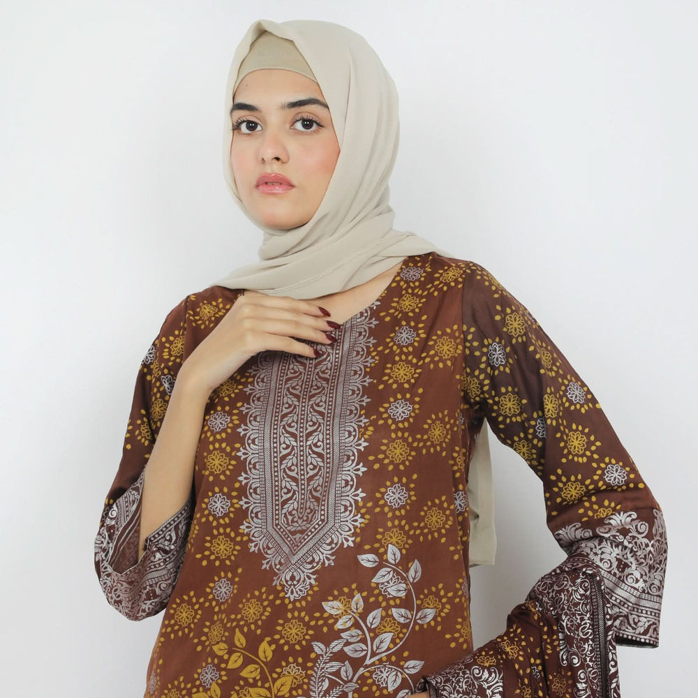 Women's Printed 3pcs Suit - Brown, Women Shalwar Suits, Chase Value, Chase Value
