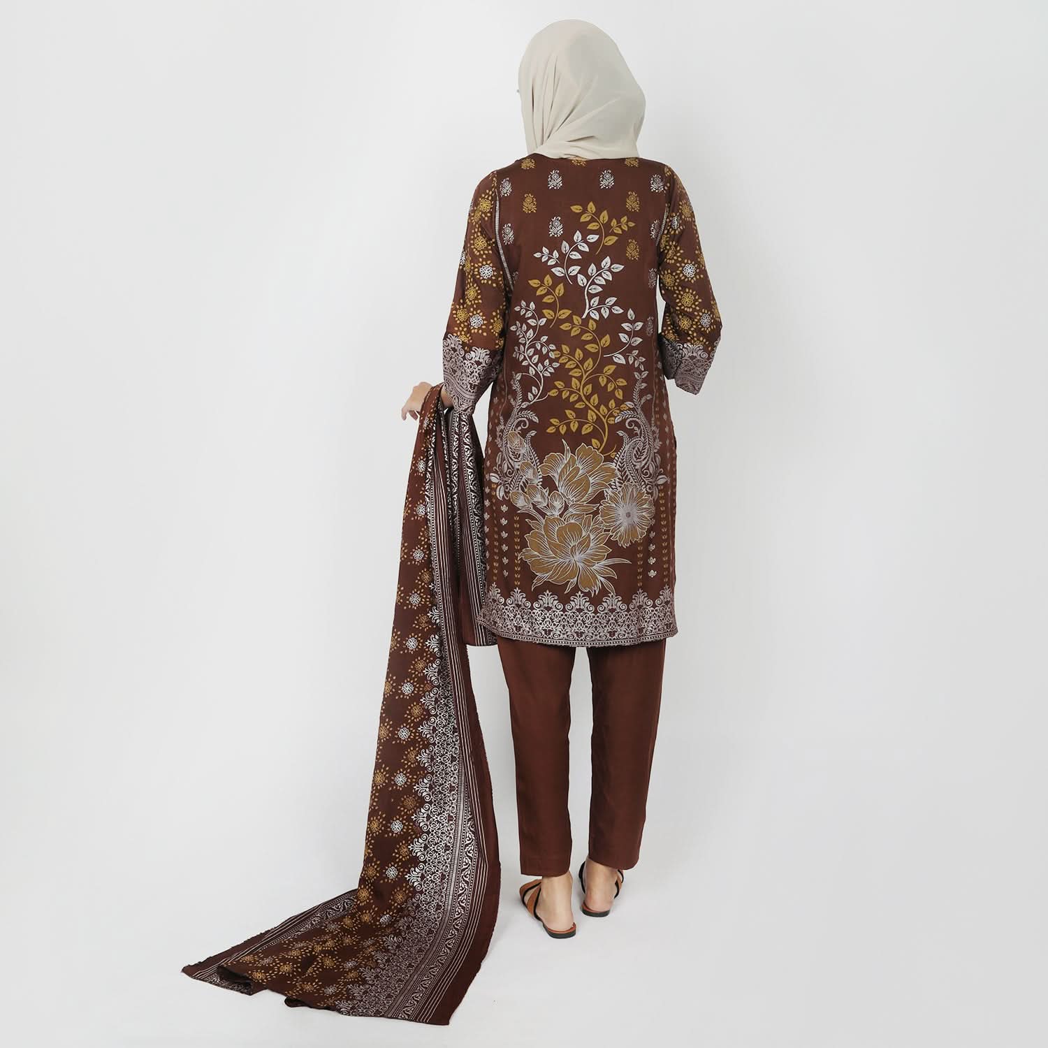 Women's Printed 3pcs Suit - Brown, Women Shalwar Suits, Chase Value, Chase Value