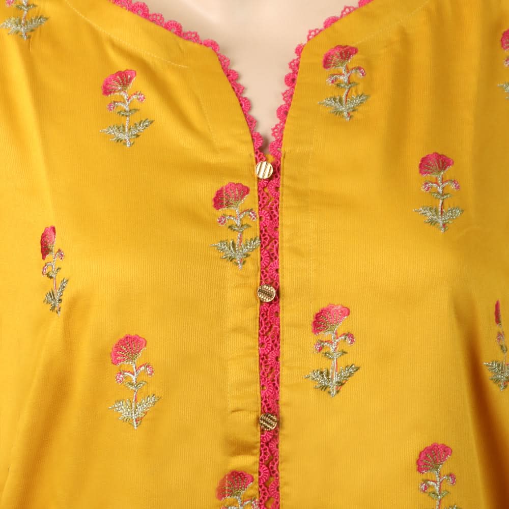 Women's Embroidered Stitched Kurti - Mustard, Women Ready Kurtis, Chase Value, Chase Value