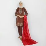 Women's Printed Stitched 03pcs Suit - Brown, Women Shalwar Suits, Chase Value, Chase Value