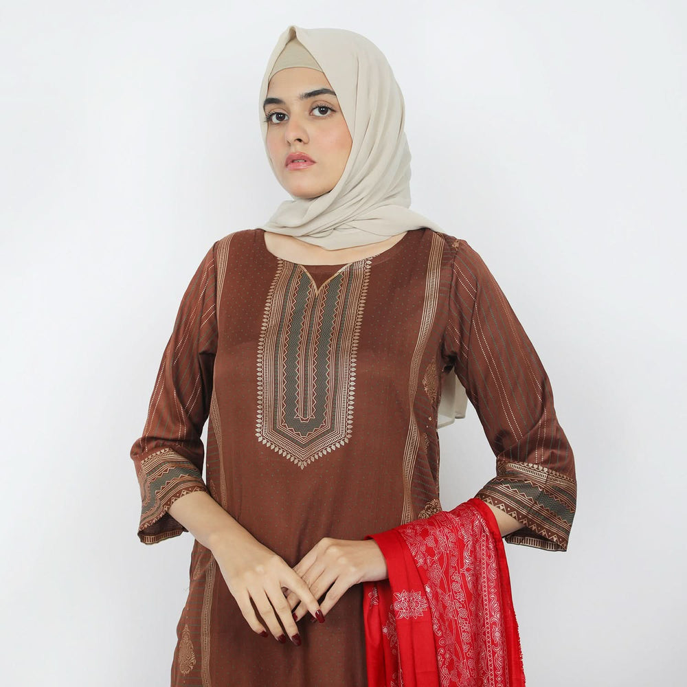 Women's Printed Stitched 03pcs Suit - Brown, Women Shalwar Suits, Chase Value, Chase Value