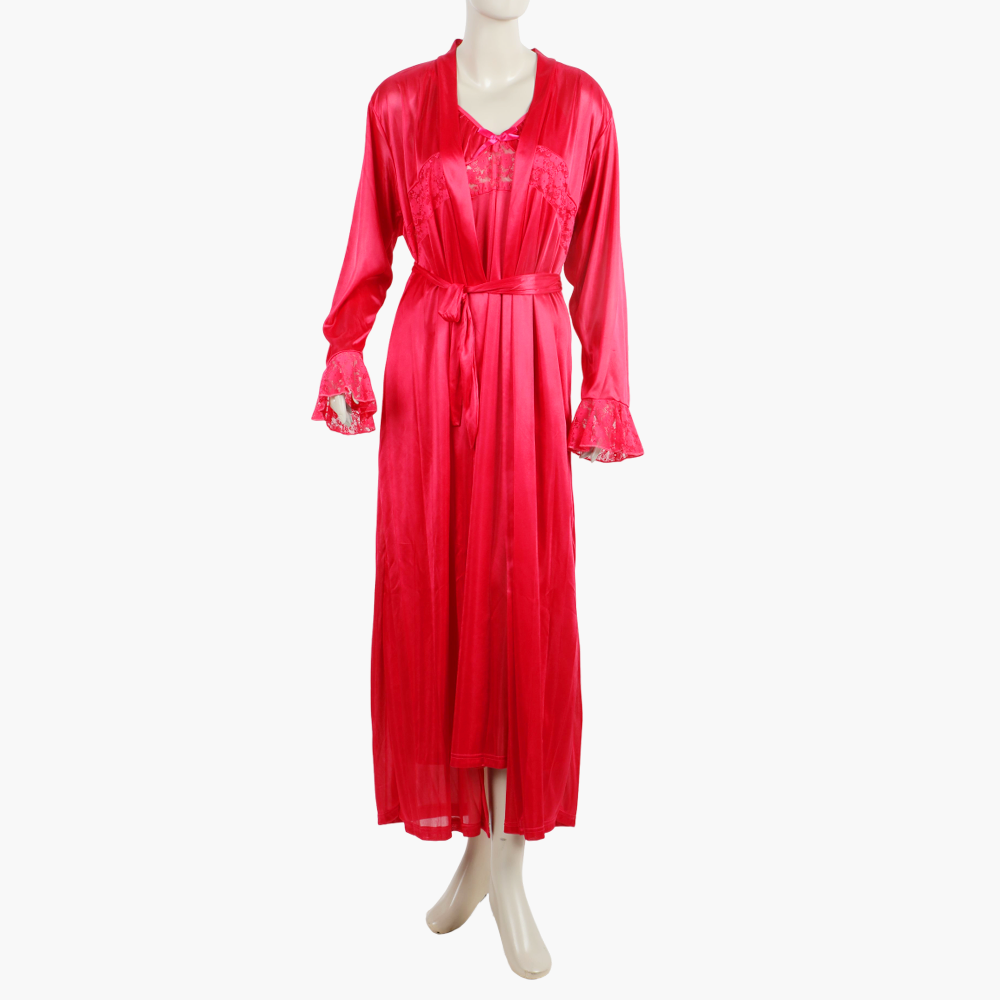 Women's 3Pcs Long Nighty - Dark Pink, Women Night Suit, Chase Value, Chase Value