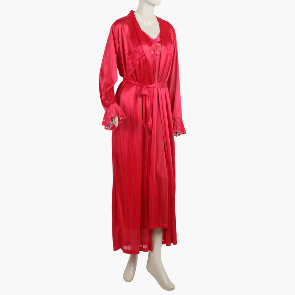 Women's 3Pcs Long Nighty - Dark Pink, Women Night Suit, Chase Value, Chase Value