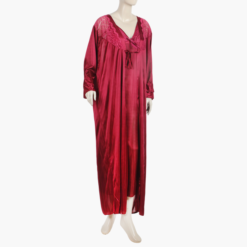 Women's 3Pcs Long Nighty - Maroon, Women Night Suit, Chase Value, Chase Value