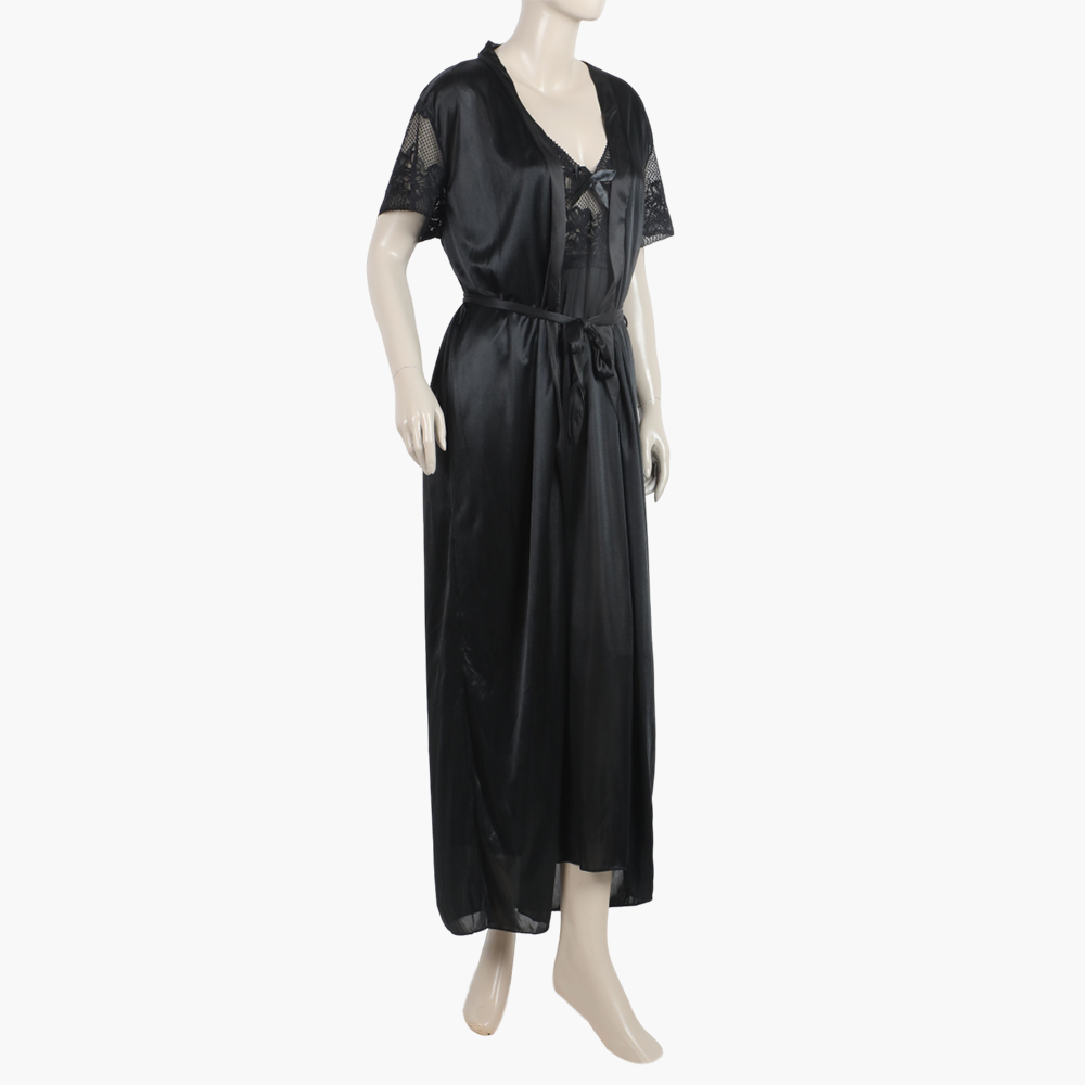 Women's 3Pcs Long Nighty - Black, Women Night Suit, Chase Value, Chase Value