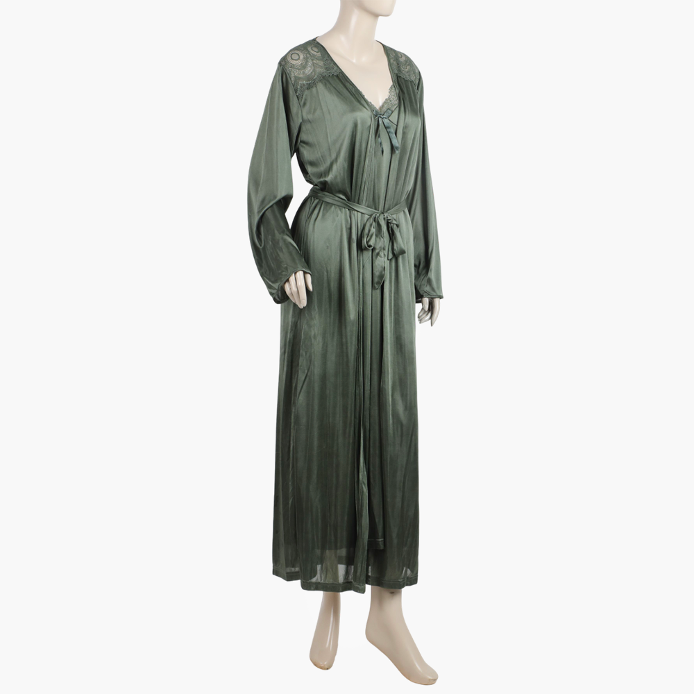 Women's 3Pcs Elegant Satin Sleepwear Set with Lace Long Nighty -Green, Women Night Suit, Chase Value, Chase Value