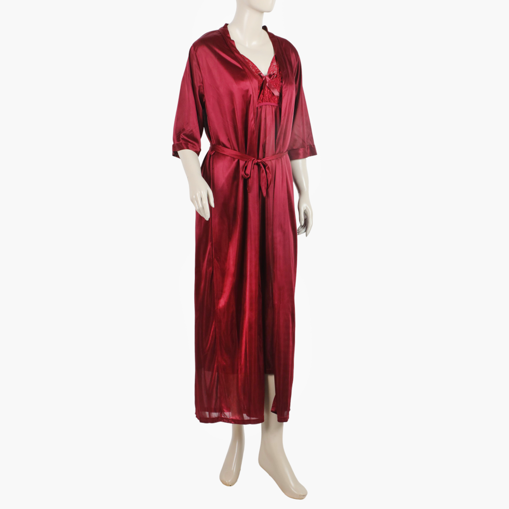 Women's 3Pcs Long Nighty - Maroon, Women Night Suit, Chase Value, Chase Value